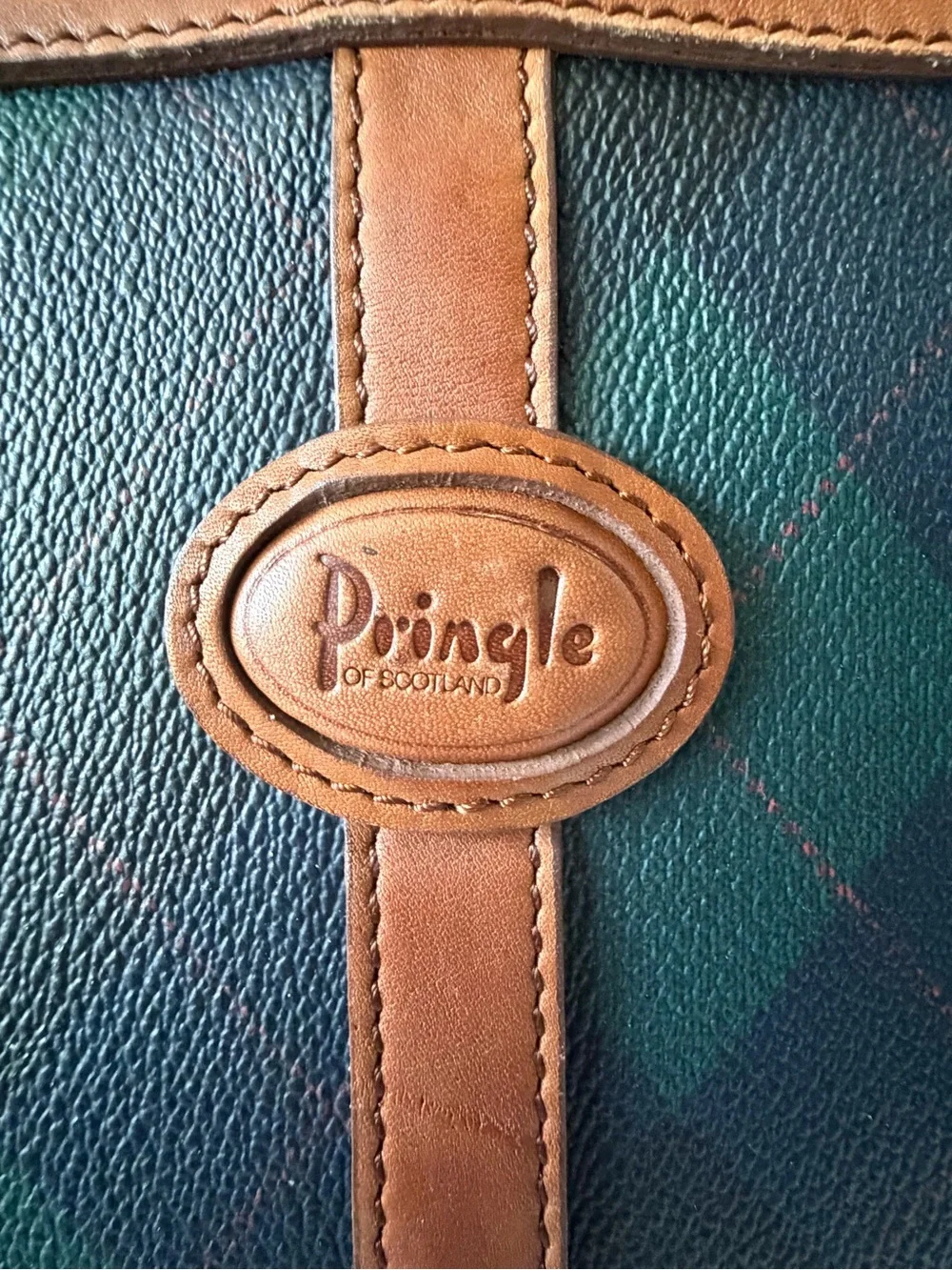 Pringle of Scotland VTG leather & coated canvas laptop bag, zip, brass, GUC